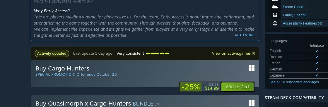The active.games box on a Steam store page, showing Actively updated, last update 2 days ago, and a Very consistent rating